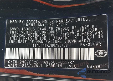 2017 Toyota Camry Se from USA, damaged, VIN 4T1BF1FK7HU726752